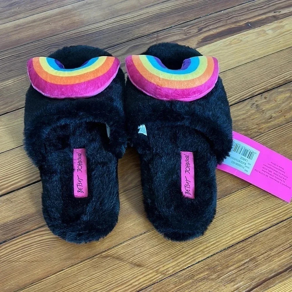 Betsey Johnson Fuzzy Warm Plush Black and Rainbow Slippers - Picture 2 of 5
